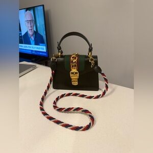 Gucci Black and Green Satchel with Gold Chain